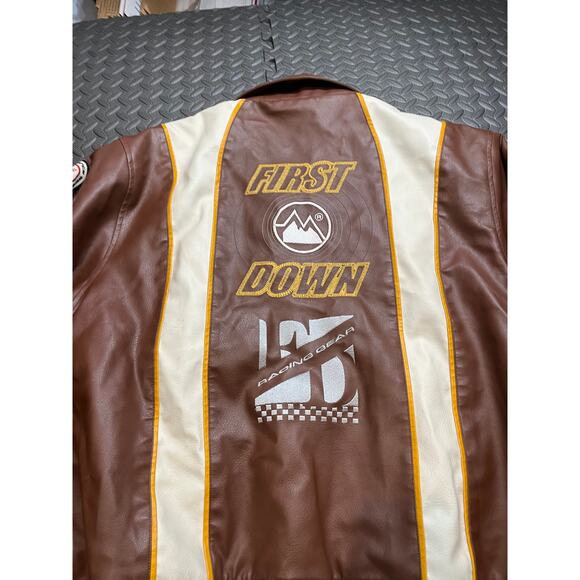 First Down Mens Vintage Racing Gear Bomber Jacket Flight Brown Patches Size XXL - Picture 11 of 14
